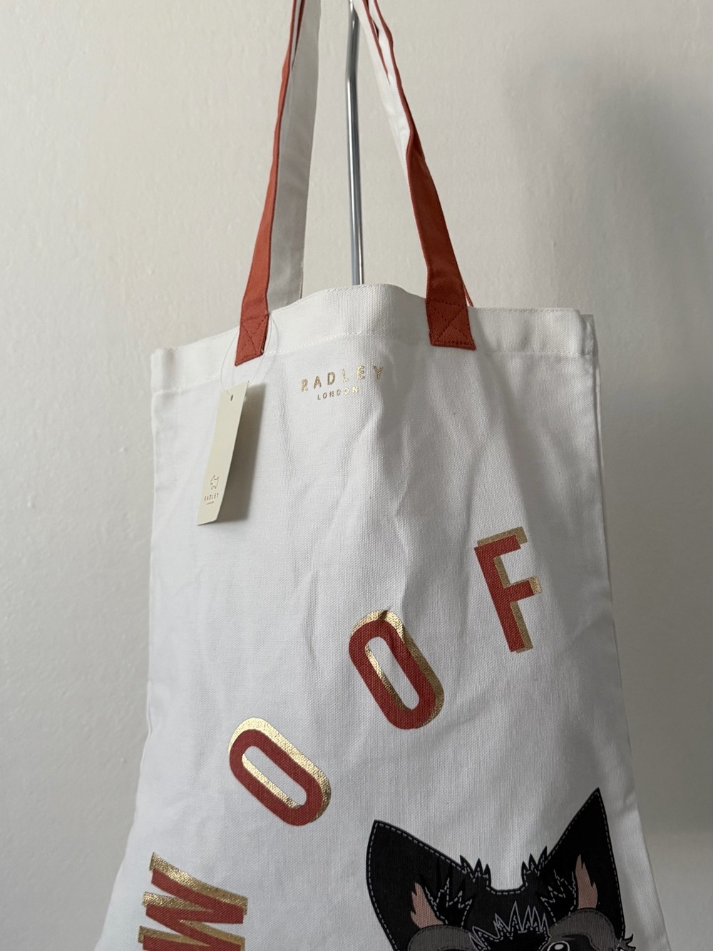 Radley London White Tote Bag with "WOOF" and Dog Graphic